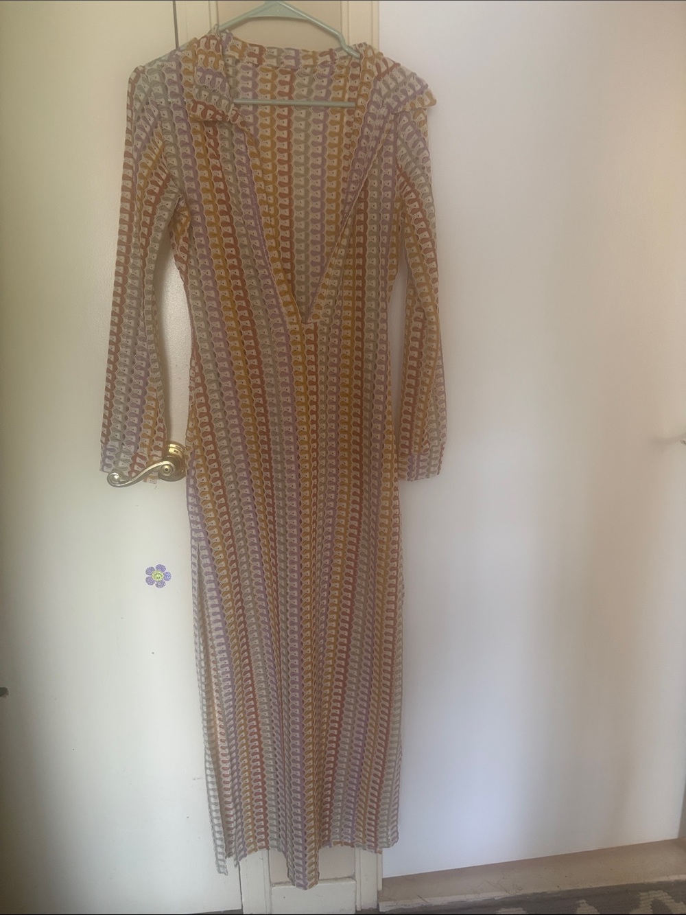 Long V-Neck Patterned Maxi Dress in Yellow and Purple